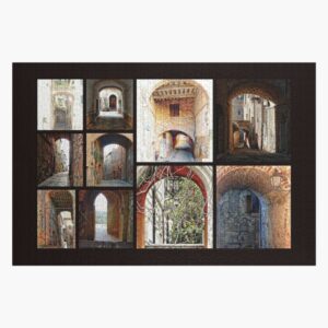 A collage of Italian archways as a jigsaw puzzle with a black background. There are ten archways featured. There are six smaller images on the left showing a number of archways that all have the same theme of contrasting light and shade. There are four larger images to the right. One is an atmospheric image of a low medieval archway with a room above it and you can see the wooden supports at the top. Below that there is a picture of a red brick archway leading into a garden. The image on the top right shows an image from dark shade into intense light highlighting buildings beyond, and another smaller archway linking the two sides of the street. The final image, on the bottom right, shows a red brick archway illuminated by a street lamp leading through an old stone built building with a window.