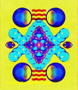 A yellow and blue abstract piece with two circles in the top third of the piece and two circules in the bottom third, both sections connected by red wavy lines. The circules contain shades of blue and yellow. The centre of the image features a symetrical shape of interlocking circles in shades of blue, with a central design of purple, dark blue and pink. The background, and highlights, are a bright yellow.