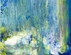An abstract painting with cool blues and greens. Clouds of white and a green yellow erupt at the bottom of the piece and lines, streaks and bubbles of colour, including shades of blue, yellow, and a hint of purple rise up towards the top of the piece. It is very calming and relaxing.