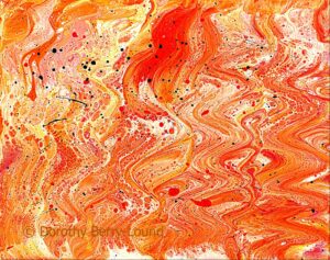 A very bright orange, peach and apricot coloured abstract painting. The colours zig zag and intermingle and there are some white highlights as well as black paint splashes here and there.