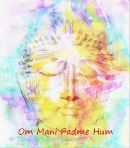 Pastel shades with the face of a golden Buddha, eyes closed in meditation and pale shades of blue green, red and pink swirling around. At the bottem, wirtten in brown/red colour, is the mantra Om Mani Padme Hum.