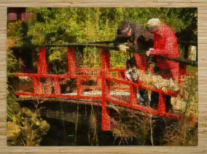 Two older people stand on a red bridge looking down into a lily pond. The woman is wearing a read coat that matches the colour of the bridge. A jigsaw puzzle in impressionist style.