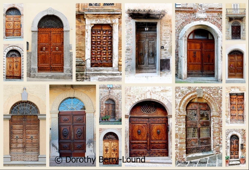 A collage of Italian wooden doorways. Wooden doors in different shades, wome with marble architrave and windows above the doorway.