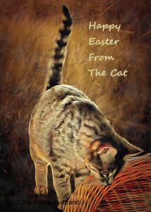 A curious tabby cat looking down with his tail upright. Has the words Happy Easter From the Cat
