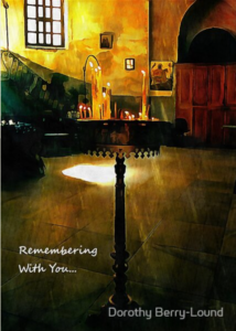 A greeting card showing sun rays entering a church window and a stand with lit candles. It has the words Remembering With You