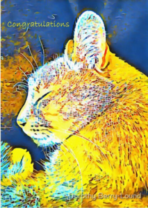 A greeting card showing a cat created in a yellow mosaic style against a blye background, with the word Congratulations