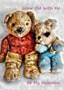 Two old teddy bears are hugging each other, a boy and a girl bear. There are the words Grow Old With Me and Be My Valentine