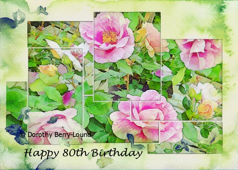 The front of a greeting card featuring pink roses and the words Happy 80th birthday