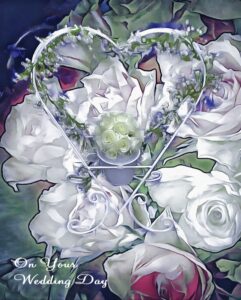 A wonderful medleu of white roses and a heart with the words On Your Wedding Day