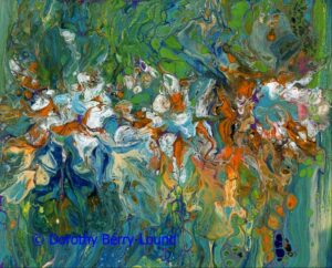 A colourful abstract painting featuring clouds of white, gold and yellow against shades of green and blue